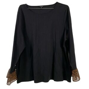 Talbots Shirt Womens 2X Black Long Sleeve Leopard Ruffle Chiffon Cuffs Gold